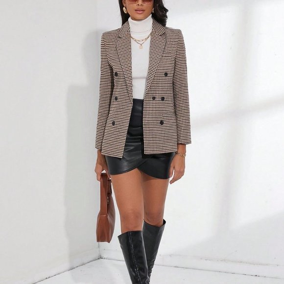 . Jackets & Blazers - Khaki Preppy Womens Plaid Lapel Collar Double Breasted Blazer